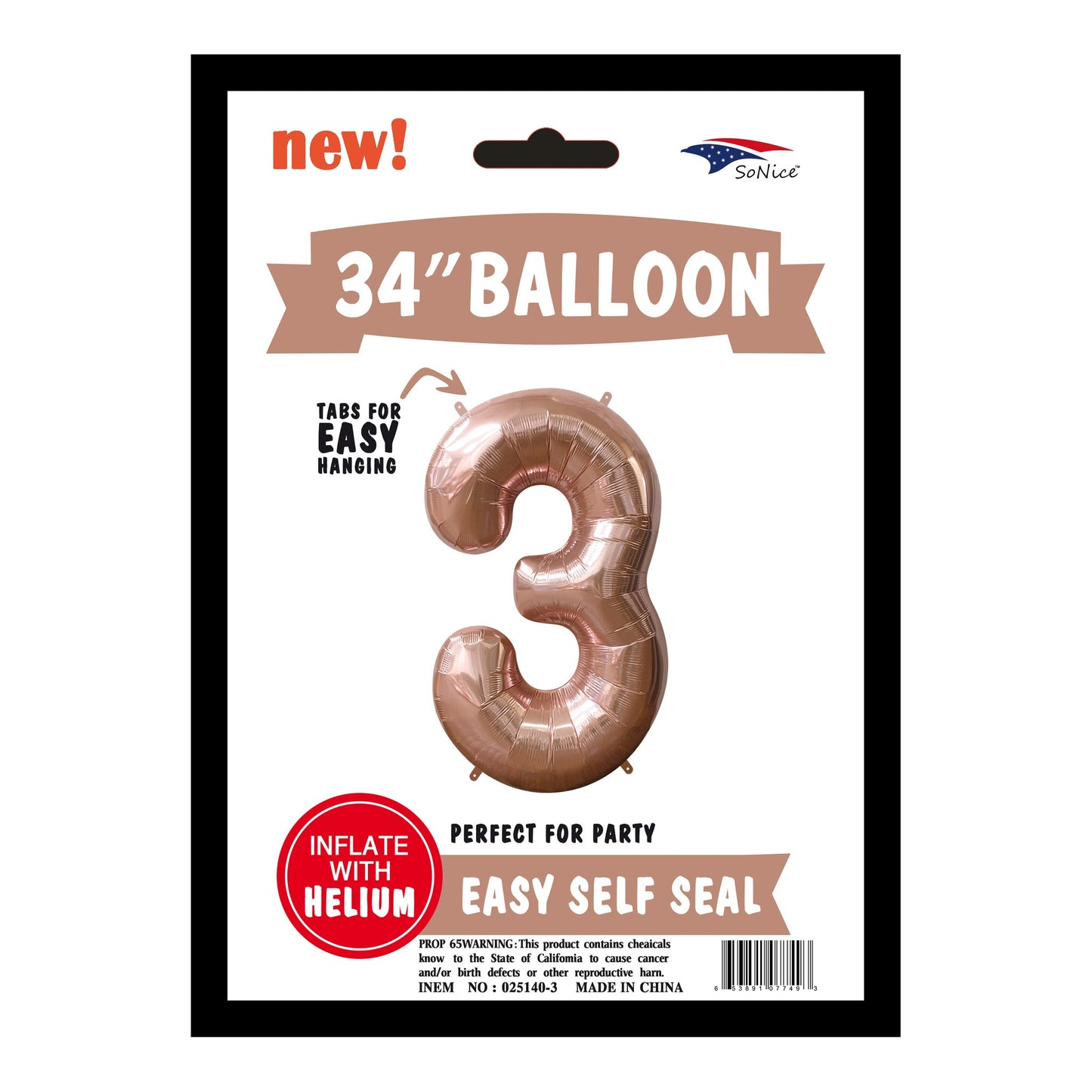 34" Balloon Number 3 Rose Gold