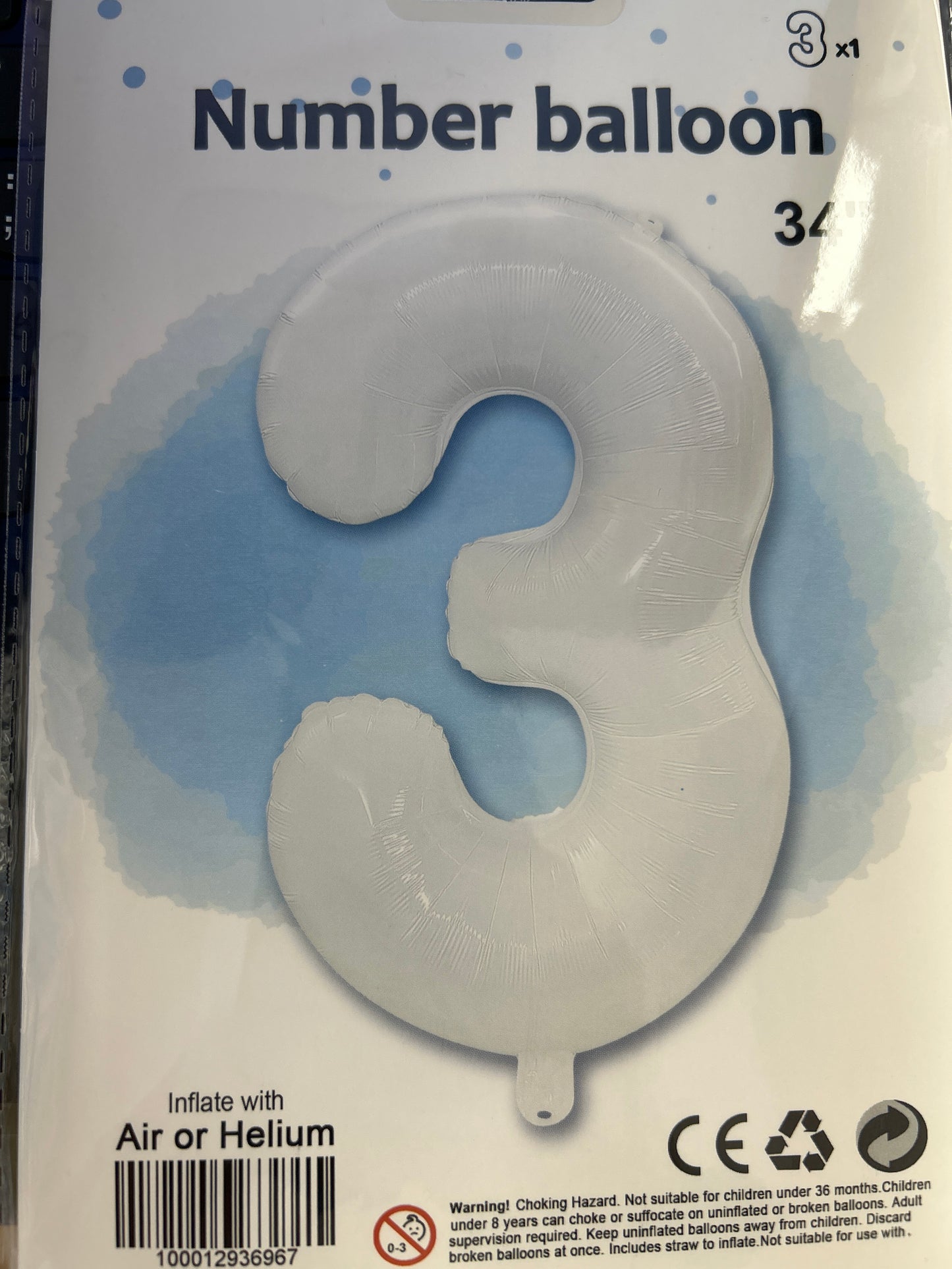 White Number 3 Balloon Foil Balloon 34"