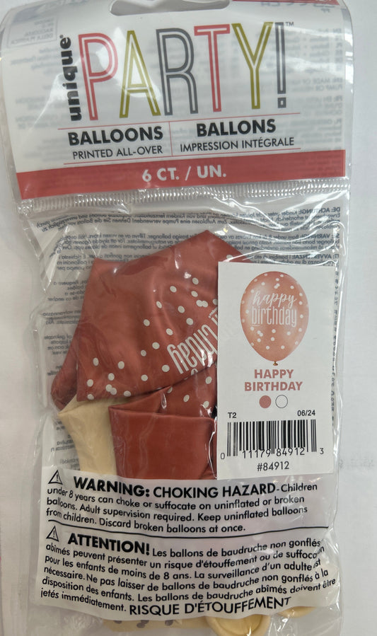 12” Glitz Rose Gold HBD Latex Balloons 6ct