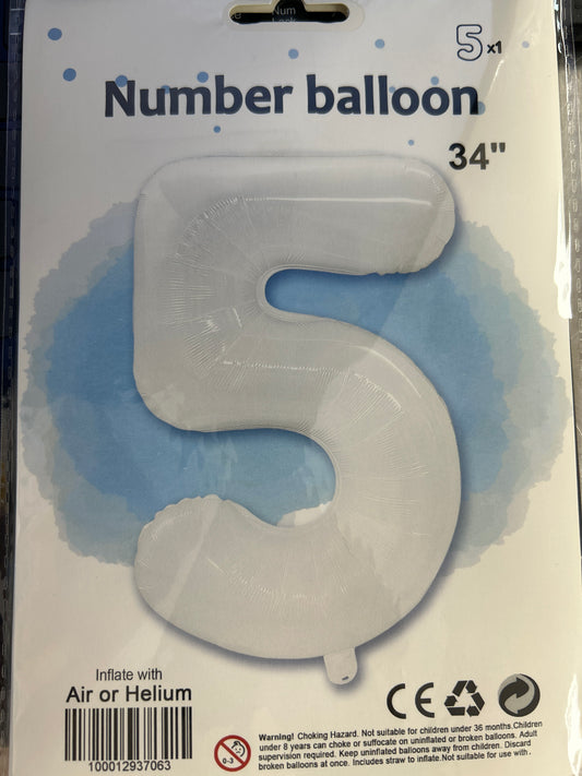 White Number 5 Balloon Foil Balloon 34"
