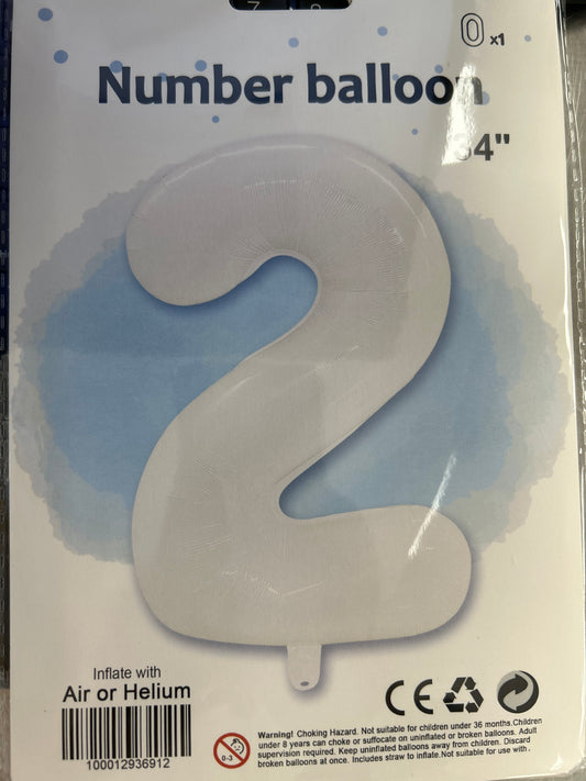 White Number 2 Balloon Foil Balloon 34"