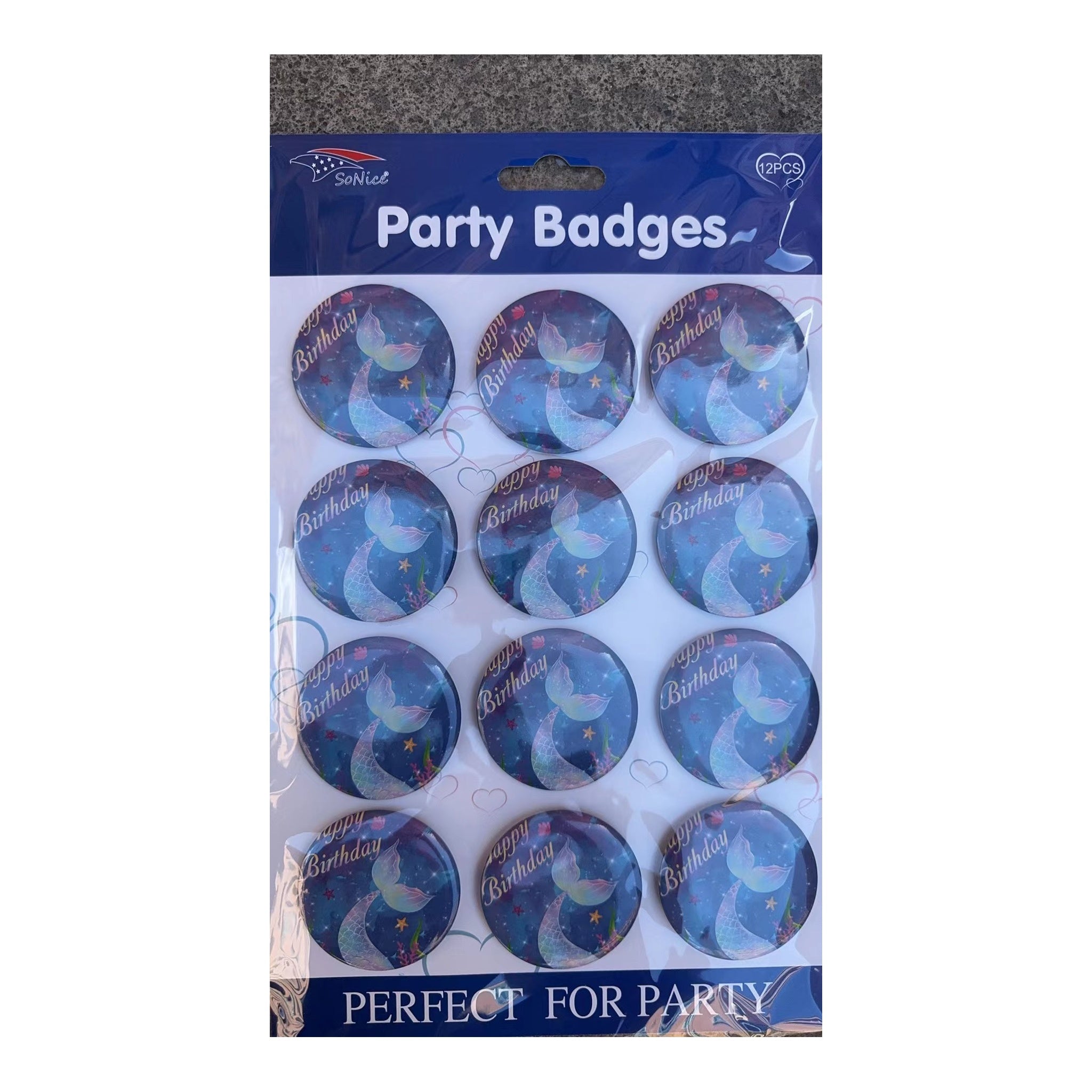 12 ct Party Badges Mermaid 60Pk/Cs