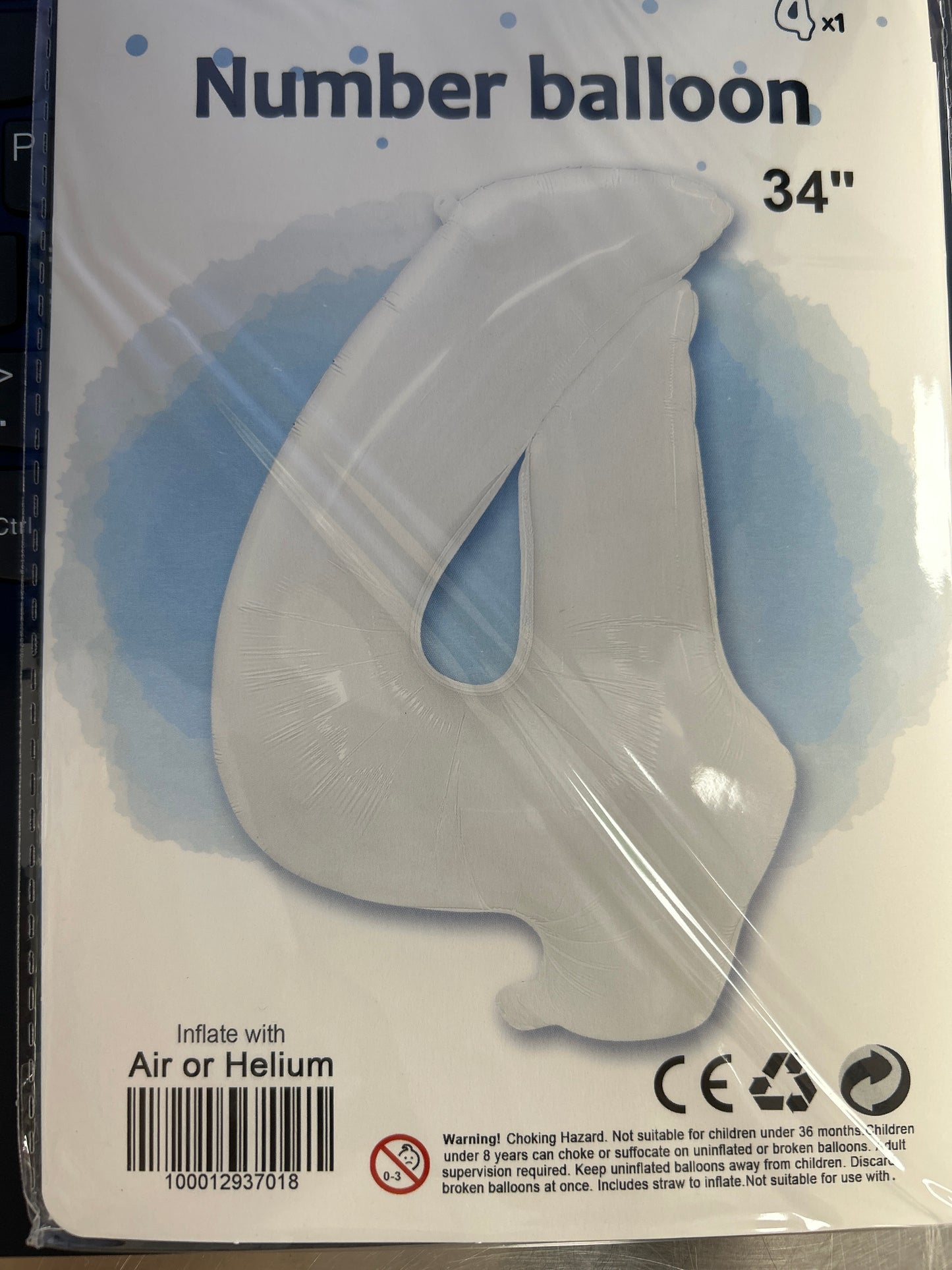 White Number 4 Balloon Foil Balloon 34"