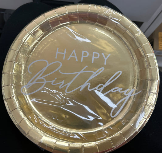 Happy Birthday 9” Gold Plates 8CT