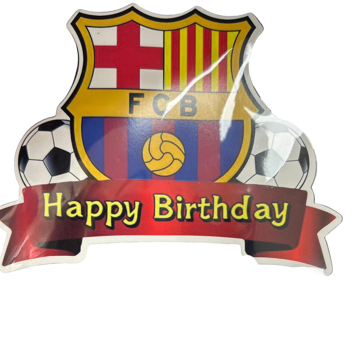 FC Barcelona themed Happy Birthday cake topper with the club crest and soccer balls, mounted on white sticks and wrapped in clear plastic.