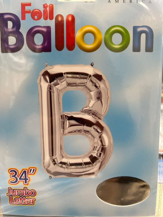 Globo metálico plateado de 34" con la letra 'B'