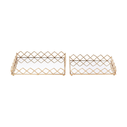 Rectangle Tray with Mirror 2pc Gold