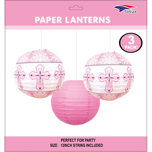 Lantern Bautizo Pink 3pc - 12 inch pink paper lanterns with crosses for baptism