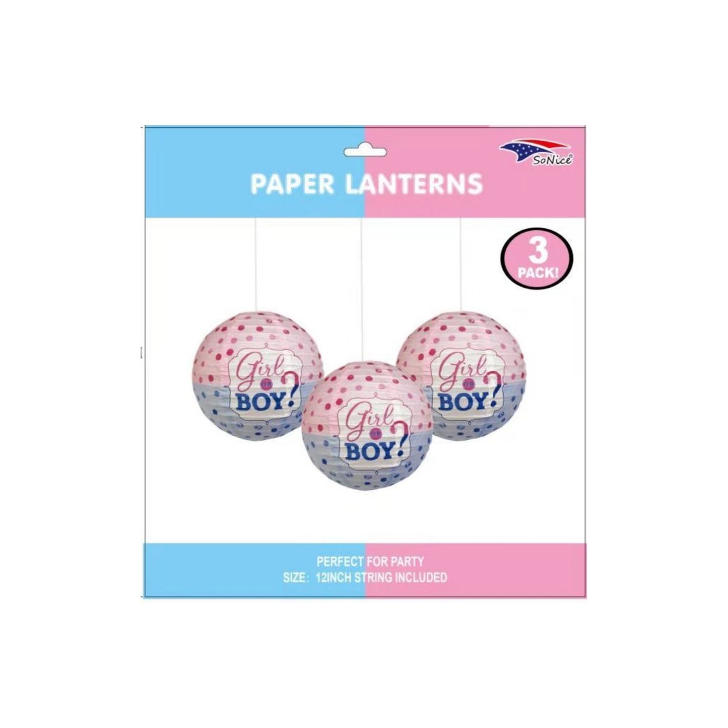 3Pcs 12" Gender Reveal Lanterns 96Set/Cs\N