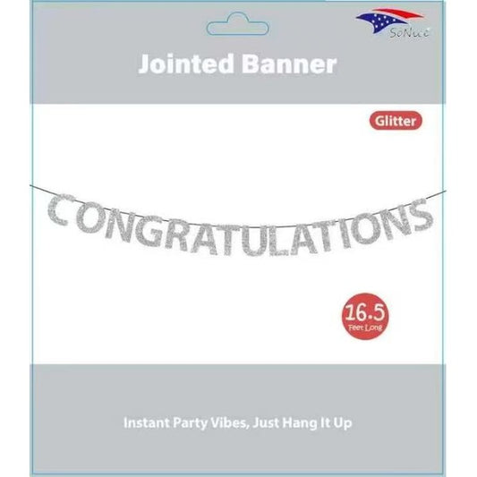 Silver glitter congratulations joined banner, 16.5 feet