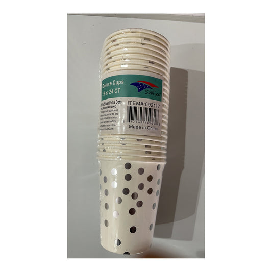 9Oz Cups 24 ct Dotted Silver/White 24Set/Cs