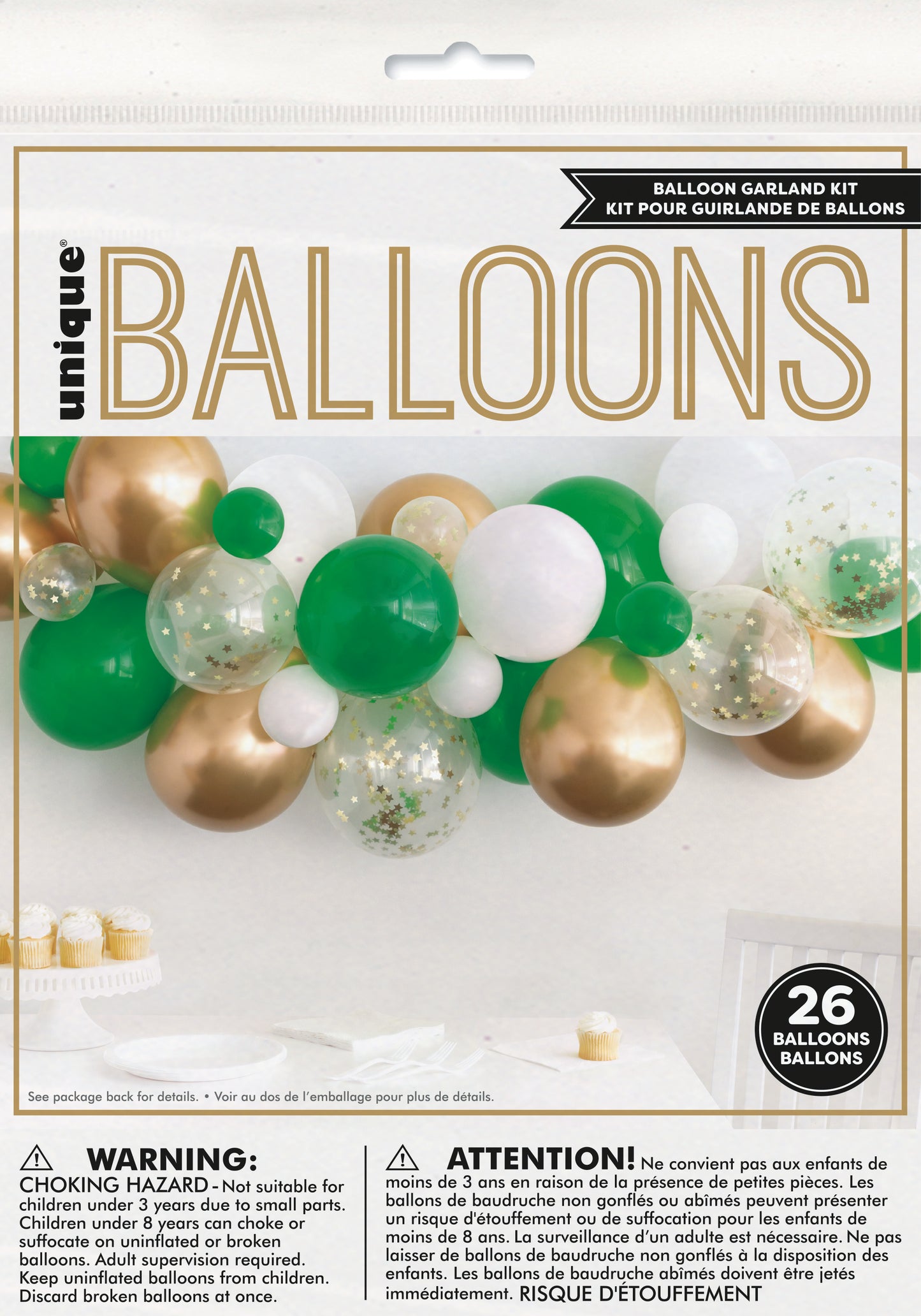 Guirnalda de globos blancos/verdes/dorados, 26 unidades