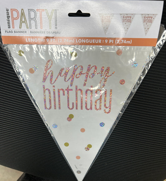 Banner de Banderines Oro Rosa 9 Pies "Feliz Cumpleaños"