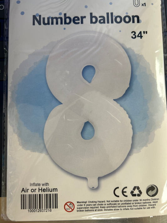 White Number 8 Balloon Foil Balloon 34"