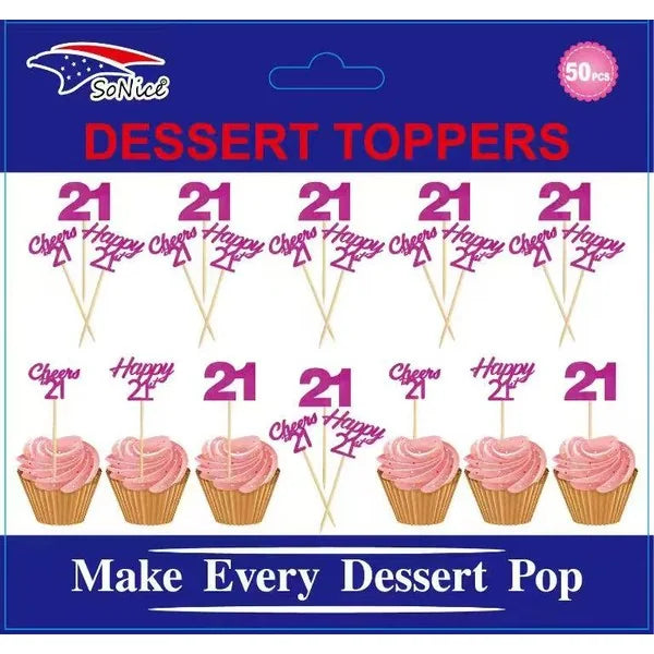 Happy Birthday 21 Pink Glitter Party Picks 50ct