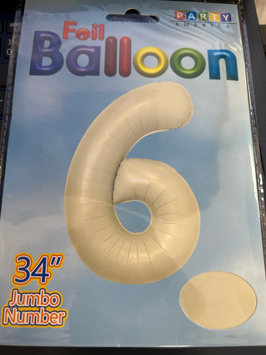 Cream Number 6 Balloon Foil Balloon 34"