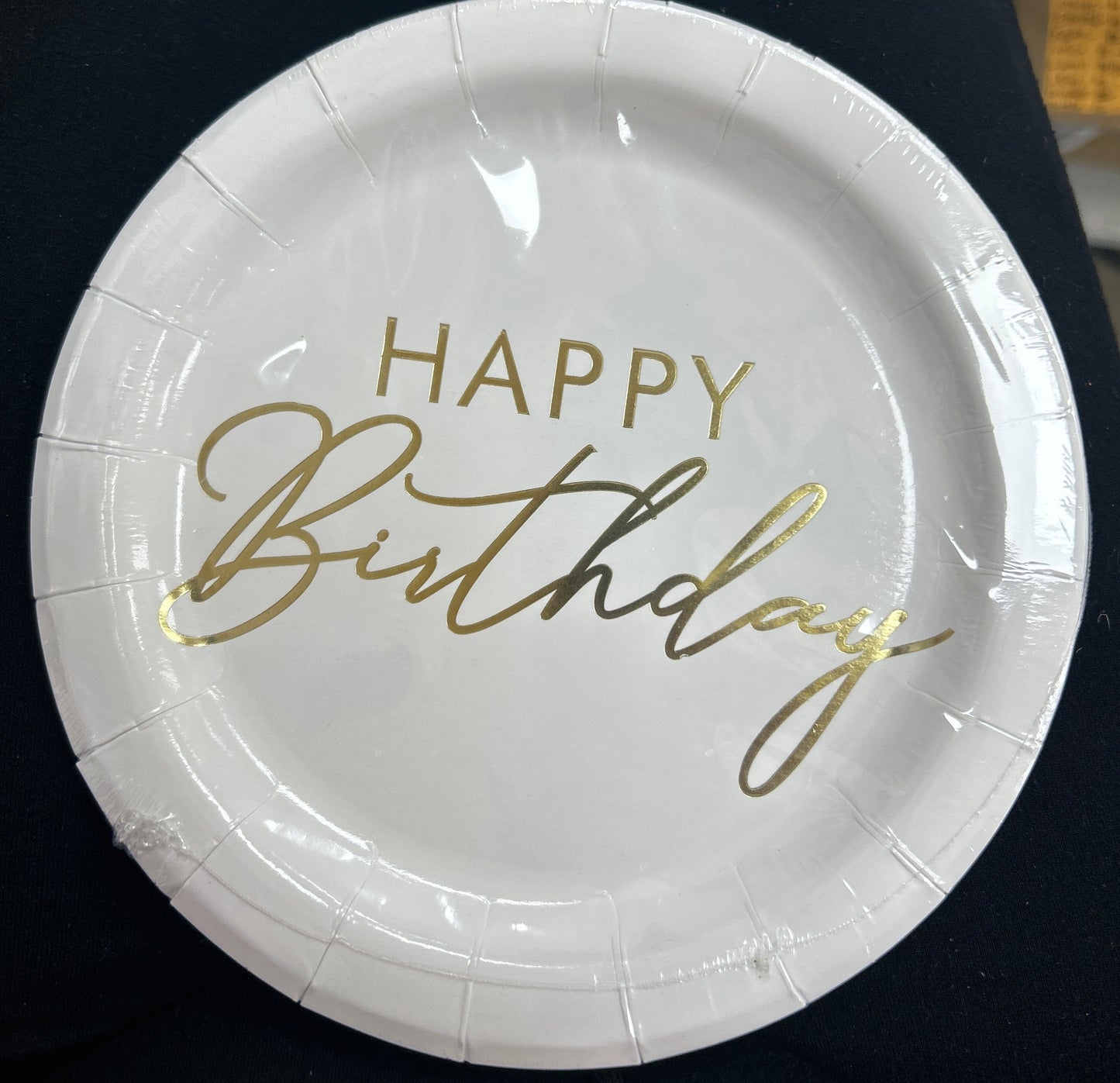 Platos "Feliz Cumpleaños" blancos y dorados de 7 pulgadas, paquete de 8 unidades