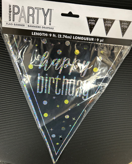 Banner de Banderines Negro de Feliz Cumpleaños 9 Pies