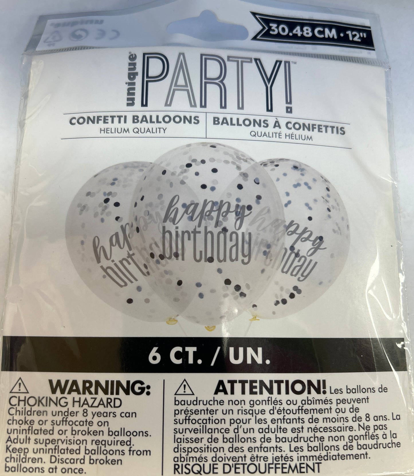 12"Clear Happy Birthday Latex Balloon w/ Confetti Black & Silver 6ct