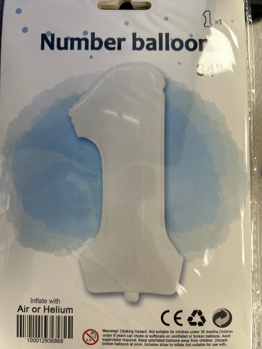 White Number 1 Balloon Foil Balloon 34"