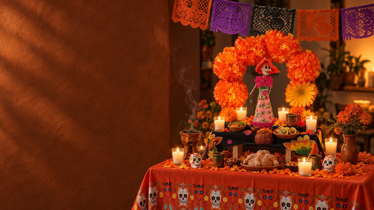 Día de los Muertos ofrenda with a marigold arch altar, papel picado, sugar-skull tablecloth, Catrina figure and candles