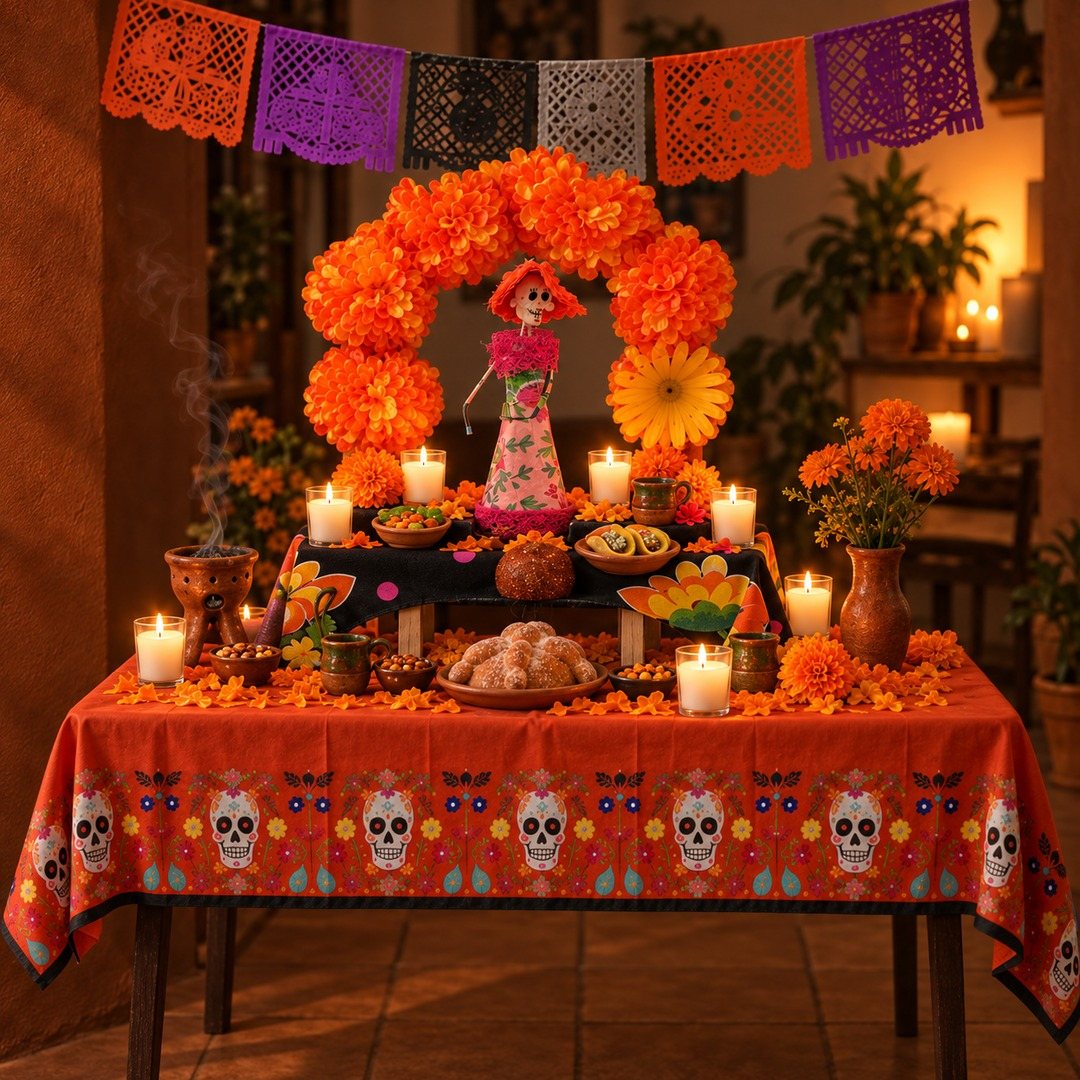 Día de los Muertos ofrenda with a marigold arch altar, papel picado, sugar-skull tablecloth, Catrina figure and candles