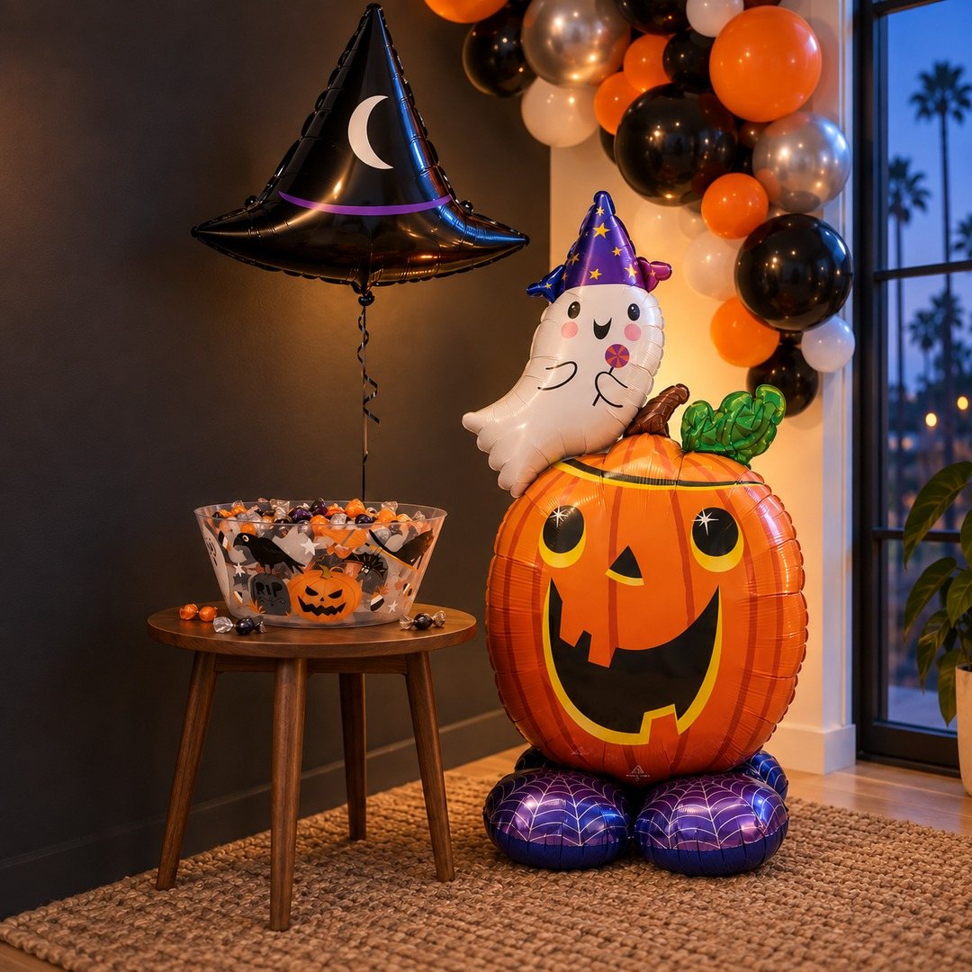 Halloween party corner with a pumpkin-and-ghost balloon, witch hat balloon, orange, black and silver balloon garland and a candy bowl