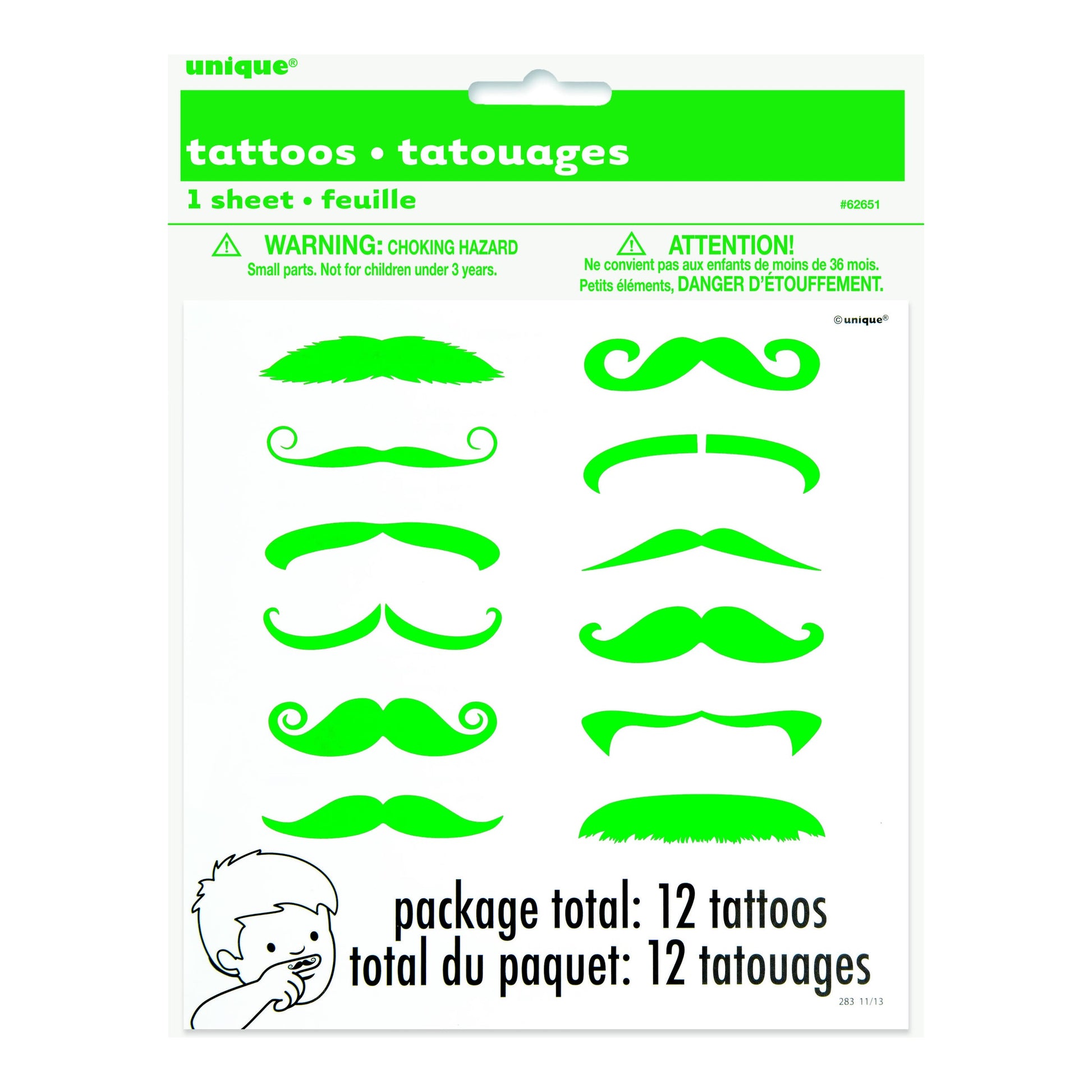 Mustache Finger Tattoos 12ct