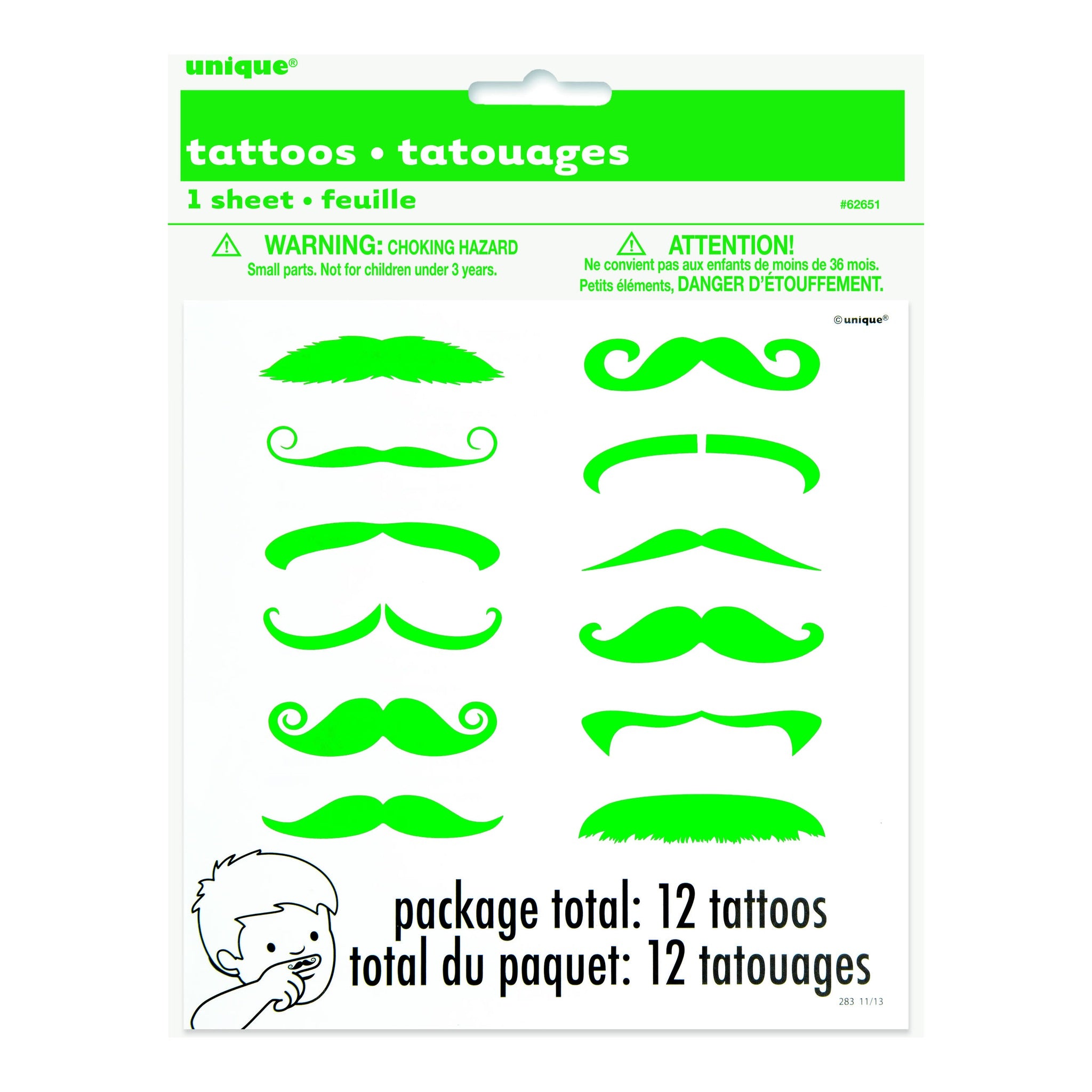 Mustache Finger Tattoos 12ct