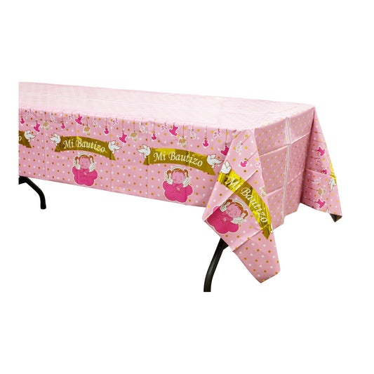 Plastic Foil Table Cover Mi Bautizo Pink
