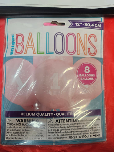 Stars Pink 1st Birthday 12" Latex Balloon 8ct