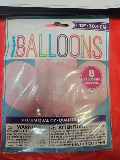 Stars Pink 1st Birthday 12" Latex Balloon 8ct