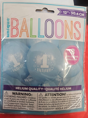 Stars Blue 1st Birthday 12" Balloons 8ct